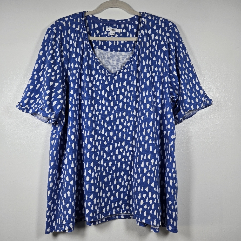 Chico's Blue White Spotted V-Neck T-Shirt Blouse Tunic Top Plus Size XXL